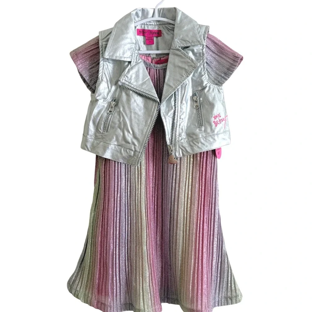 NWT Betsey Johnson Girls Size 4 Rainbow Shimmer Pleated Dress Metallic Moto Vest